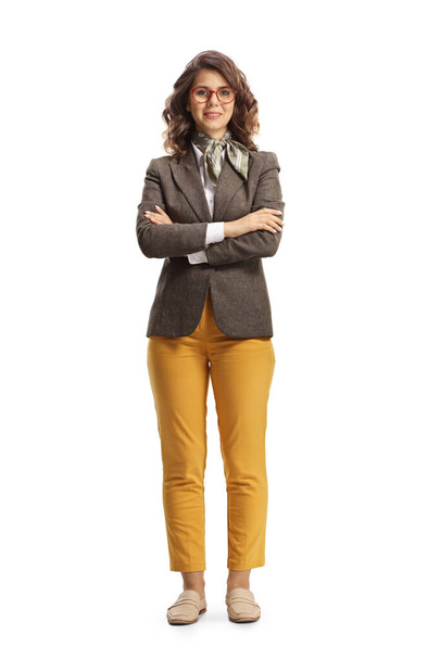 Full length portrait of a young woman in work wear isolated on white background - Zdjęcie, obraz