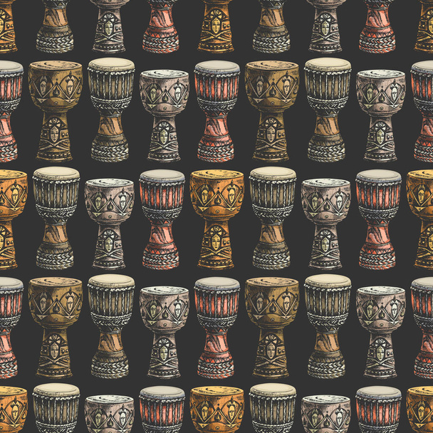127 _ djembe African djembe bęben izolowany na białym tle, etniczny instrument muzyczny, rysunek dłoni, czarna linia, szczegółowa ilustracja, zestaw, kolor, bezszwowy wzór - Wektor, obraz
