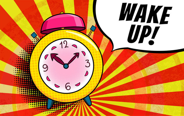 Comic alarm clock. Pop art colorful and dynamic cartoonish icon in retro style. Vector bright cartoon object with halftone dots shadow and expression wake up in speech bubble - ベクター画像