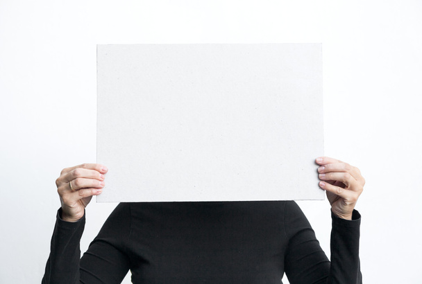 Beautiful woman gesturing with blackboard isolated on white back - Zdjęcie, obraz
