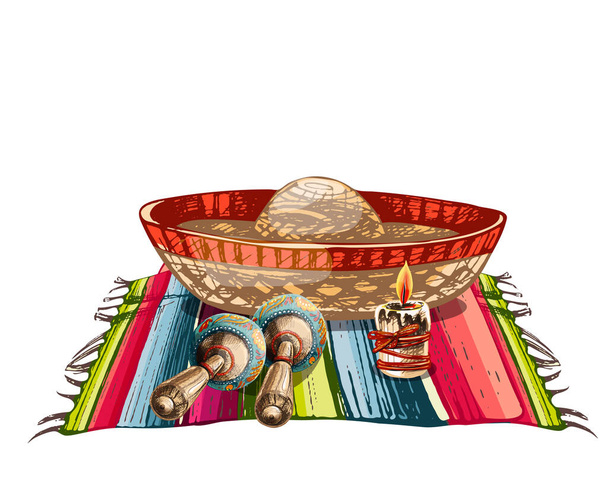 83 _ sombrero olkihattu, sombrero, kynttilä, marakassit, matto, koostumus banderollin alla cinco de mayo, perinteisiä meksikolaisia tuotteita valkoisella pohjalla, - Vektori, kuva