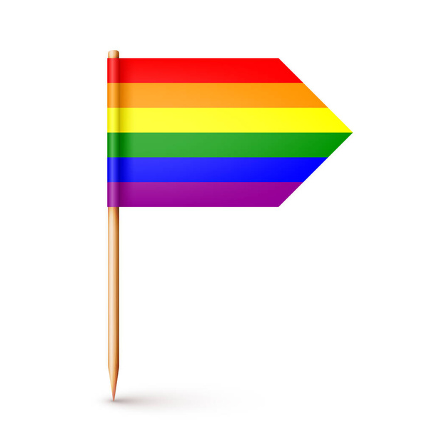 Stuzzicadenti in legno realistico con bandiera in carta LGBTQ arcobaleno. Mockup vuoto per pubblicità e promozioni. Il mese dell'orgoglio. Illustrazione vettoriale - Vettoriali, immagini