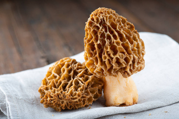 Morchella or morel edible mushrooms on the kitchen table - Photo, Image