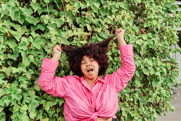 jovem afro-americana puxa o cabelo encaracolado - Foto, Imagem