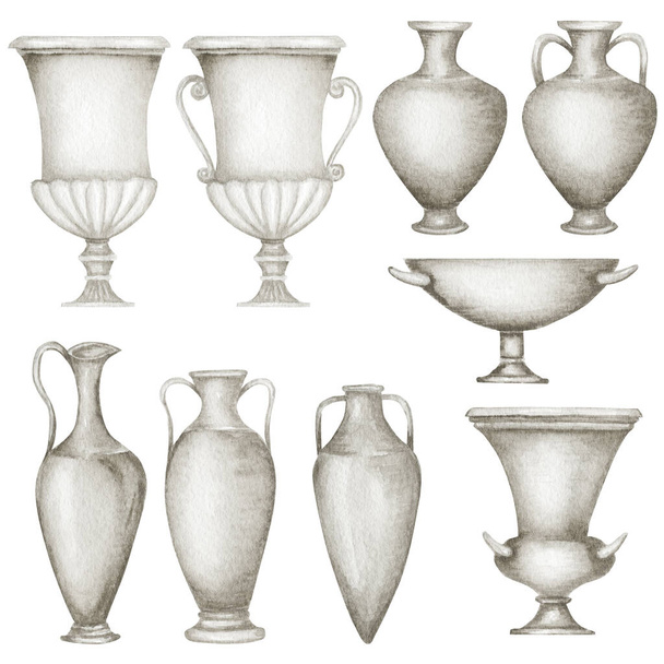 Antik Yunan çömlekleri suluboya antik Yunan vazolarını beyaz gri sürahi ile kapladı. Eski kil amfora, çömlek, vazo, şarap kavanozu, zeytinyağı. Klasik seramik simgesi izole edilmiş illüstrasyon - Fotoğraf, Görsel