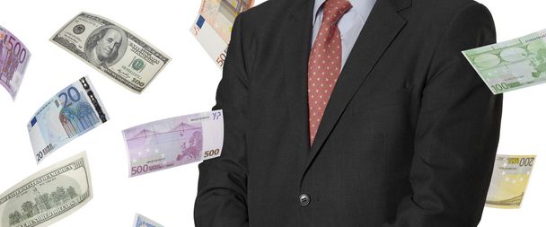 Financial executive with euro and dollar bills - Photo, Image