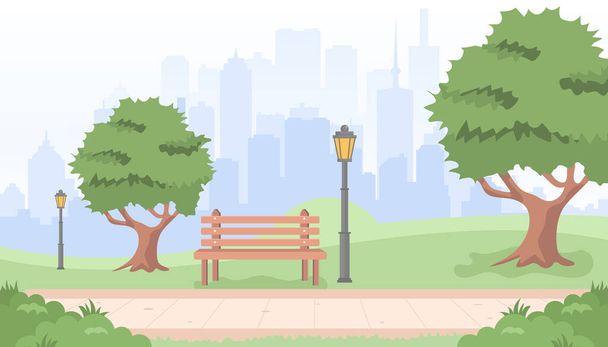 Banc avec arbre et lanterne dans le parc. Illustration vectorielle en style plat. Illustration vectorielle du panorama du parc urbain d'été. - Vecteur, image