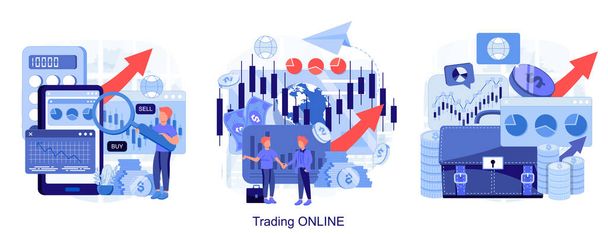 Trading online. Business, finance and trade. Tiny people buy and sell cryptocurrency, stocks and bonds for forex. Modern flat cartoon style. Vector illustration collection of scenes - Vector, Image