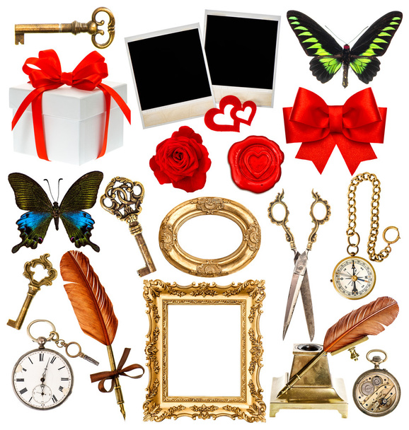 Objects for scrapbook. clock, key, photo frame, butterfly, rose - Foto, Bild