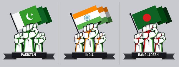 Vlaggen van Pakistan, India en Bangladesh met opgeheven vuisten. Nationale dag of Onafhankelijkheidsdag ontwerp voor Zuid-Aziatische landen. Cricketfans of supporters. - Vector, afbeelding