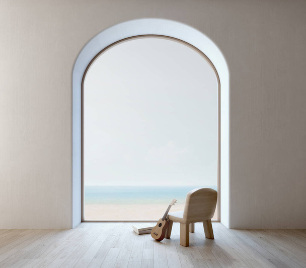 Minimal design interior.Chair ukulele and arch window with sea view.3d rendering - Valokuva, kuva