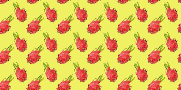Seamless pattern of Dragon fruit on bright yellow background for wallpaper, fabric or wrapping-paper - Photo, Image