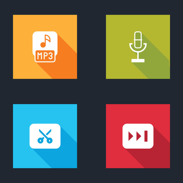 Set MP3 file, Microphone, Music or video editing and Fast forward icon. Vector - Вектор,изображение