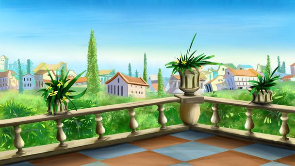 Sea and city view from the terrace. Digital Painting Background, Illustration. - Photo, Image