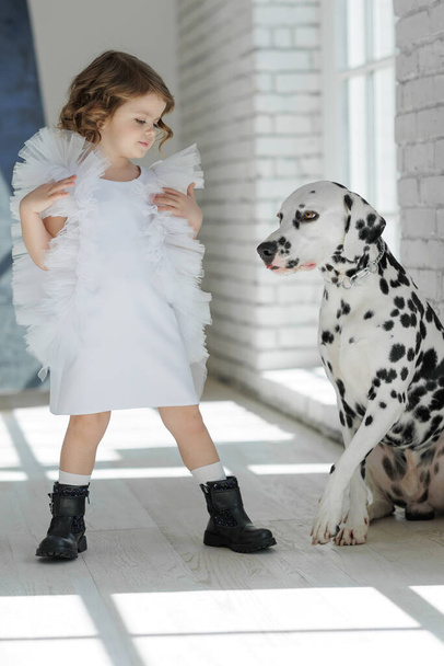 Crianças da moda. Menina com um cão posando em roupas da moda. - Foto, Imagem