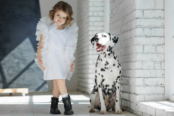 Modekinder. Kleines Mädchen mit Hund posiert in modischer Kleidung. - Foto, Bild