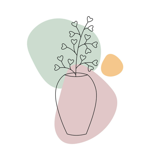 Cute vase with branch and leaves. Line art doodle style with colorful abstract shapes. Perfect for cards, decorations, logo. Isolated vector illustartion.  - Vector, Image