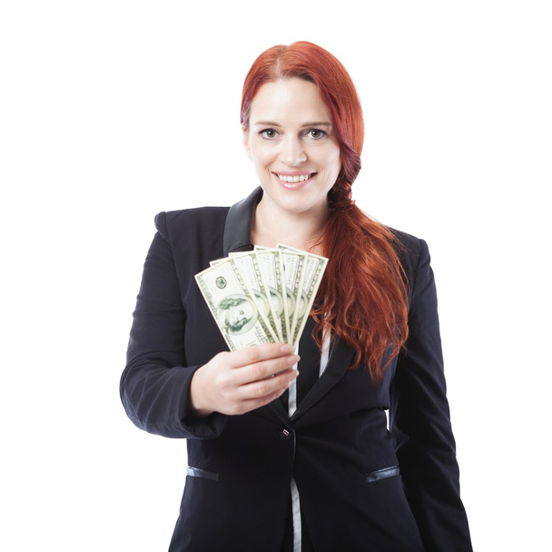 jonge zakenvrouw met een heleboel dollar bank notes - Foto, afbeelding