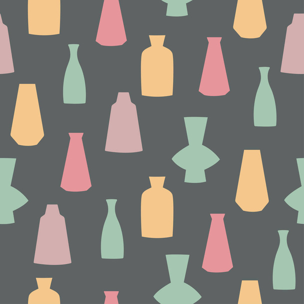 Seamless pattern of hand drawn vases. Colorful clay pottery on grey background  - Vecteur, image