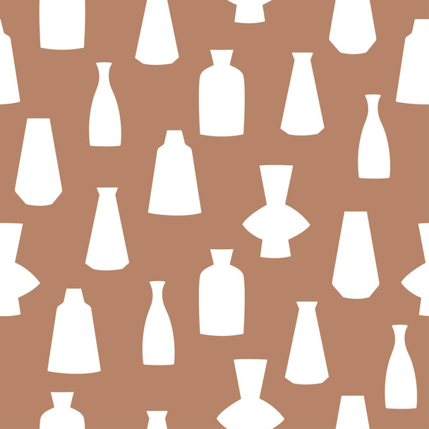 Nahtloses Muster handgezeichneter Vasen. Weiße Tonkeramik auf braunem Hintergrund  - Vektor, Bild