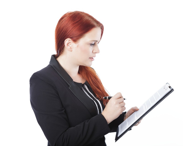 giovane donna d'affari leggere dokument in mano
 - Foto, immagini
