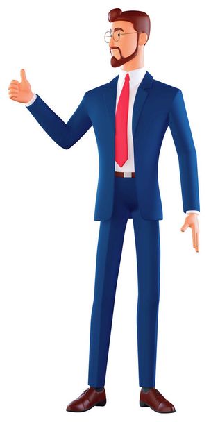 Portret van een man met een bril in een blauw pak met duim omhoog, positief handgebaar, goed gedaan, respect. Minimale gestileerde kunst. 3d renderen op een witte achtergrond. - Foto, afbeelding