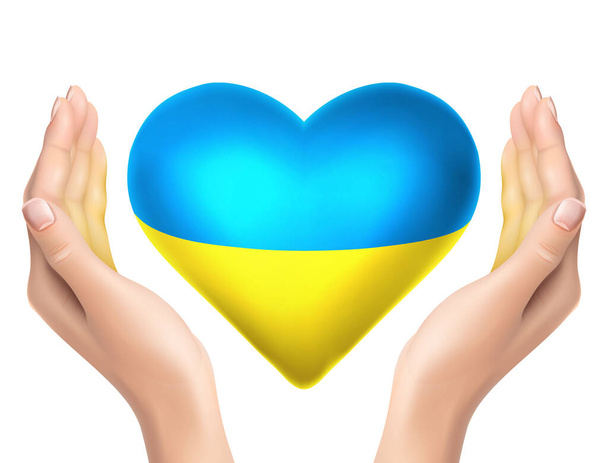 3D realistyczna ikona wektora. Ukraińska flaga pokoju w kształcie serca z realistycznymi rękami trzymającymi ją. - Wektor, obraz