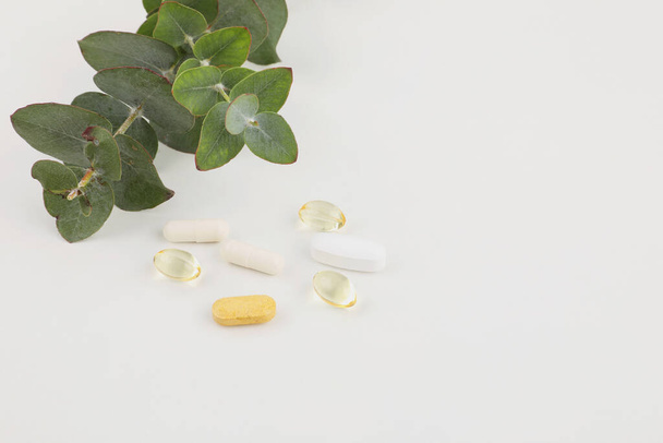 pills and plants, white background, medical creative concept photo - Φωτογραφία, εικόνα