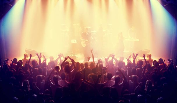 Shot of a crowd at a music concert. This concert was created for the sole purpose of this photo shoot, featuring 300 models and 3 live bands. All people in this shoot are model released. - Foto, imagen