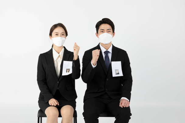 Asian Korean young man and woman startup concept wearing smart business suit cheer up - Foto, Bild