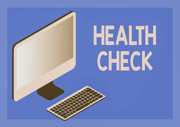 テキストの健康チェックを表示する書き込み。ビジネスアプローチ健康診断および一般状態検査同僚間のオンライン接続を象徴するキーボードを持つモニター. - 写真・画像