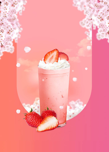 spring dessert poster, strawberry drink - Photo, image