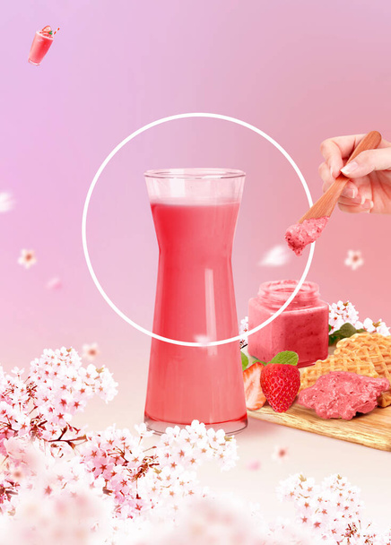 spring dessert poster, strawberry drink - Foto, Bild