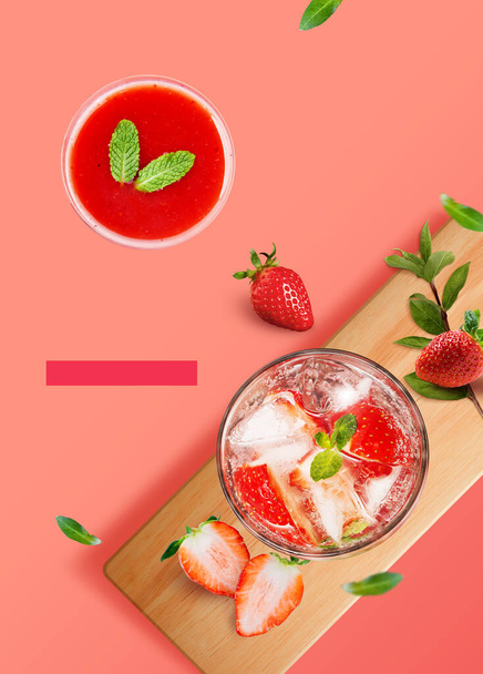 spring dessert poster, strawberry drink - Φωτογραφία, εικόνα