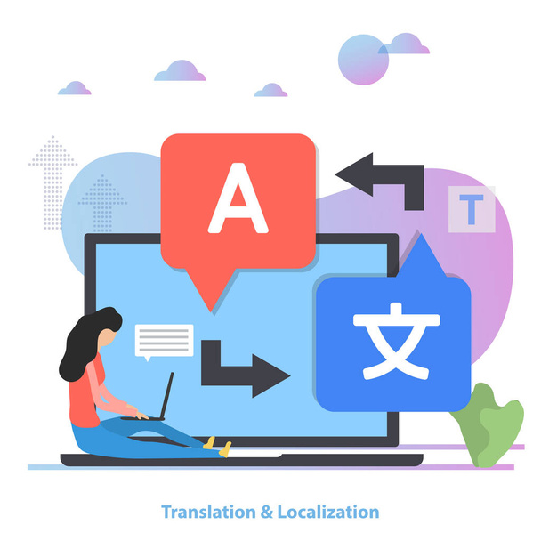 Translation online service vector concept. Woman with laptop translate a text flat illustration. - ベクター画像