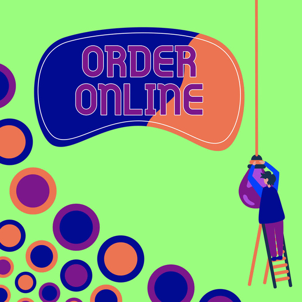 Handwriting text Order Online. Word for Buying goods and services from the sellers over the internet Businessman Standing Ladder Fixing Light Bulb Generating New Futuristic Ideas. - Foto, afbeelding