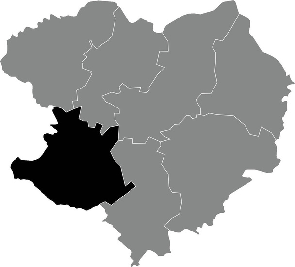 Black flat blank highlighted location map of the KRASNOHRAD RAION inside gray raions map of the Ukrainian administrative area of Kharkiv Oblast, Ukraine - Wektor, obraz