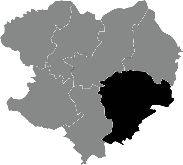 Black flat blank mappa di localizzazione evidenziata della RAIONE IZIUM all'interno della mappa dei raioni grigi dell'area amministrativa ucraina dell'Oblast 'di Kharkiv, Ucraina - Vettoriali, immagini