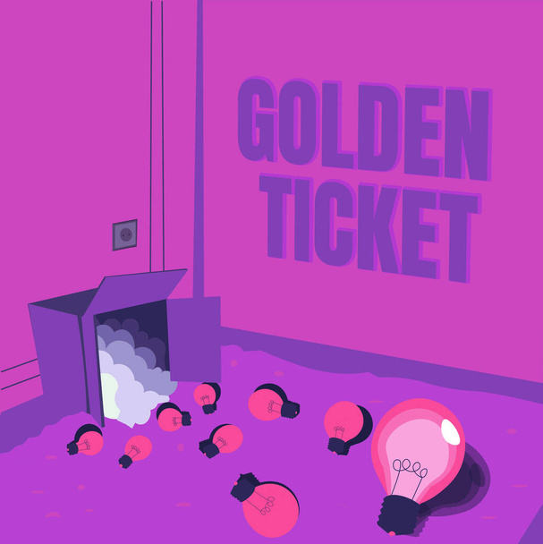 Sign displaying Golden Ticket. Business overview Rain Check Access VIP Passport Box Office Seat Event Light bulbs spilled out box symbolizing innovative thinking. - Foto, Imagen