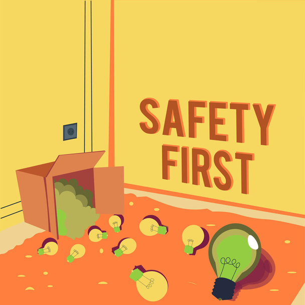 Inspiration showing sign Safety First. Conceptual photo Avoid any unnecessary risk Live Safely Be Careful Pay attention Light bulbs spilled out box symbolizing innovative thinking. - Foto, Imagen