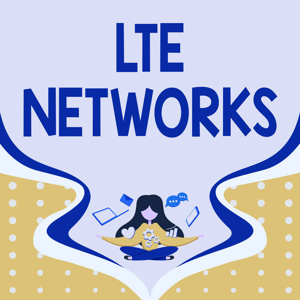 Escribir mostrando texto Lte Networks. Concepto de negocio Conexión de red más rápida disponible para la comunicación inalámbrica Mujer rodeada de dispositivos tecnológicos que presentan avances futuros. - Foto, imagen