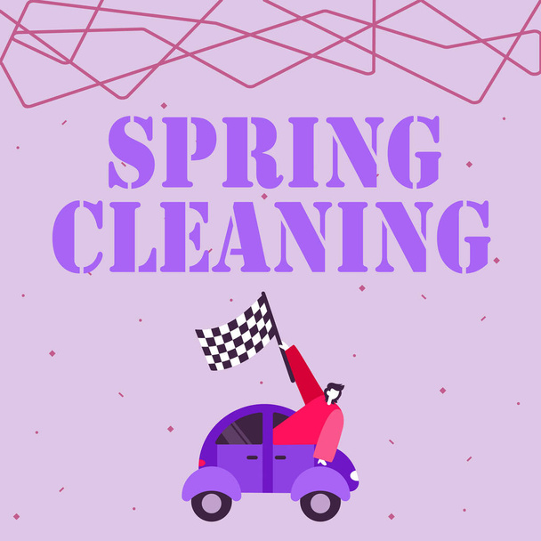 Text caption presenting Spring Cleaning. Business showcase practice of thoroughly cleaning house in the springtime Businessman Waving Banner From Vehicle Racing Towards Successful Future. - Fotó, kép