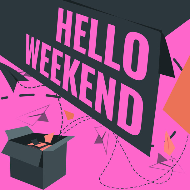 Text caption presenting Hello Weekend. Concept meaning Getaway Adventure Friday Positivity Relaxation Invitation Open Box With Flying Paper Planes Presenting New Free Ideas - Photo, Image
