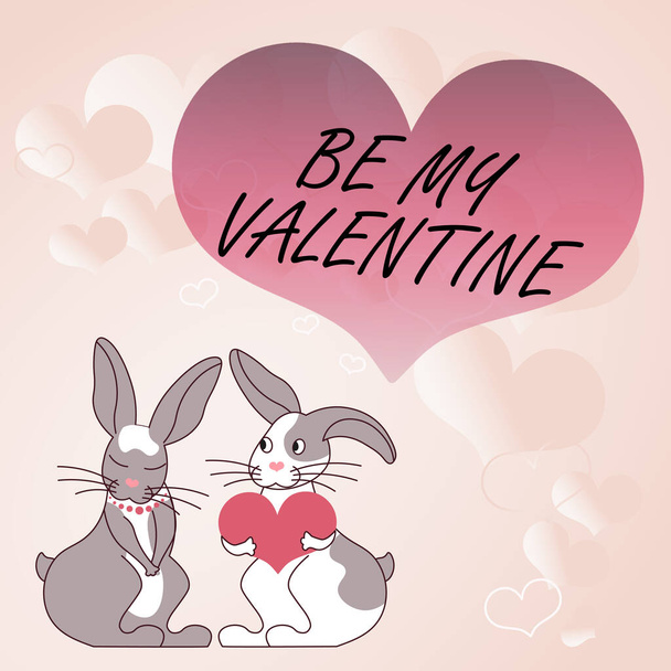 Inspiration showing sign BE MY VALENTINE. Internet Concept Asking someone to be their valentine Bunnies with heart shaped gifts demonstrate passionate lovers with presents - Foto, immagini