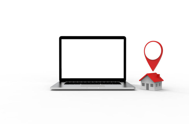 Location icon and house put on modern laptop isolated on white background. 3D Illustration. - Photo, Image