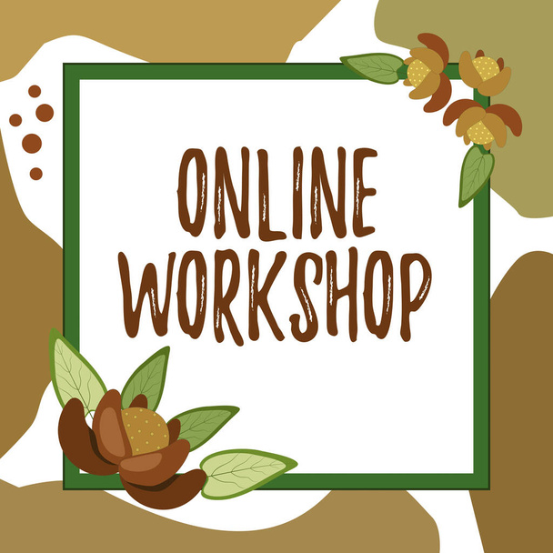 Fogalmi megjelenítés Online Workshop. Fogalmi fotó mutatja áruk és áruk az elektronikus honlapok üres keret díszített elvont modernizált formák Virágok és lombozat. - Fotó, kép