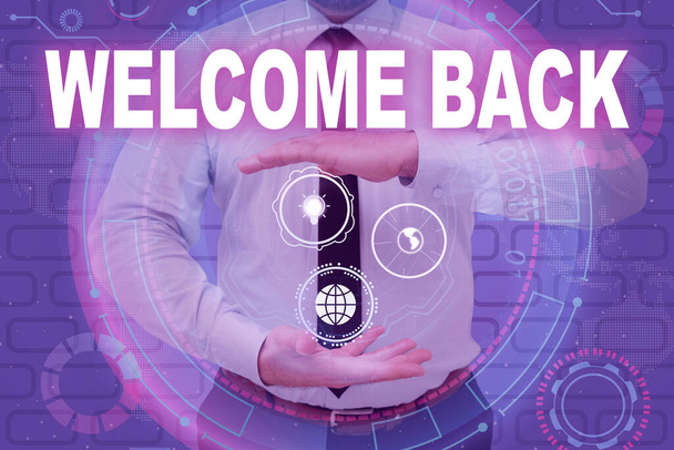 Sign displaying Welcome Back. Business overview Warm Greetings Arrived Repeat Gladly Accepted Pleased Businessman in suit holding open palms represents innovative thinking. - Foto, Imagem