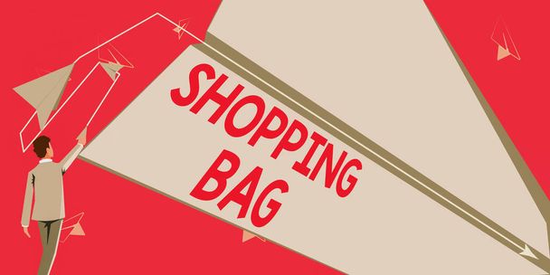 Text sign showing Shopping Bag. Internet Concept Containers for carrying personal possessions or purchases Man flies paper plane representing innovative plans achieving goals. - Foto, afbeelding