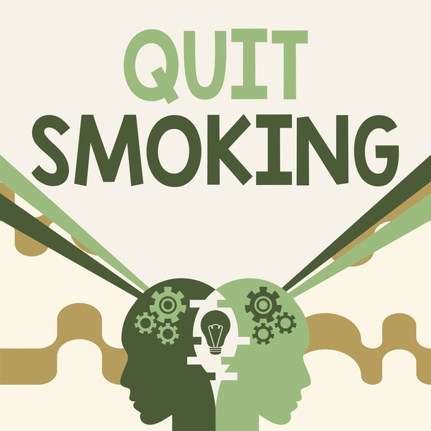 Text caption presenting Quit Smoking. Business overview Discontinuing or stopping the use of tobacco addiction Minds Combining Ideas Creating Innovative Strategies Displaying Teamwork. - Photo, Image