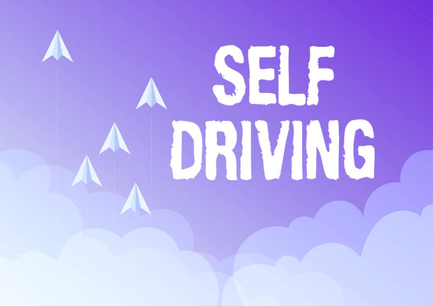 Handwriting text Self Driving. Business showcase Autonomous vehicle Ability to navigate without human input Five paper airplanes flying up sky surrounded with clouds achieving goals. - Zdjęcie, obraz